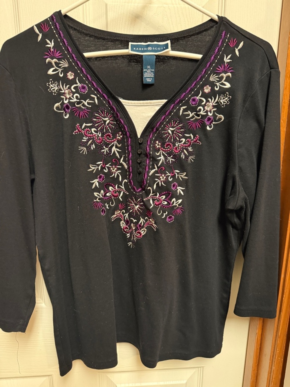 Karen Scott Black Long-Sleeve V-Neck Top with Purple and Ivory Embroidery